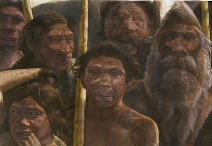 Ilustración de un grupo de homínidos de la Sima de los Huesos, que alberga restos de hace unos 400.000 años. En este yacimiento se descubrieron los restos del humano más antiguo que se ha localizado hasta el momento en Europa.
