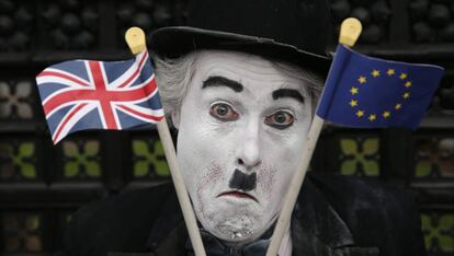 An anti-Brexit protestor outside the British parliament in London.