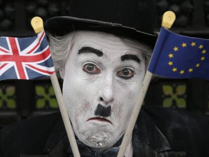 An anti-Brexit protestor outside the British parliament in London.