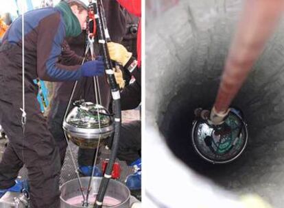 Uno de los detectores del observatorio de neutrinos IceCube, listo para bajarlo unido a otros a una de las perforaciones en el hielo del Polo Sur. Derecha, descenso de una línea de detectores por la perforación.