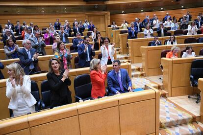 Senadores socialistas aplauden la intervención de Pedro Sánchez (sentado), este martes en el Senado.