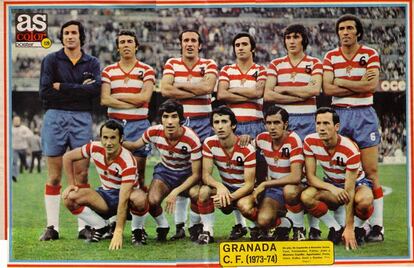 Alineación del Granada en un partido de la temporada 73-74 con las rayas horizontales de la camiseta.