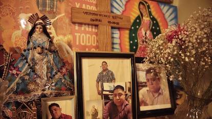 Photographs of Victorio Hilario on an altar in his family's home.