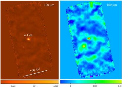 Im&aacute;genes de la estrella Alfa Centauri A obtenidas con el telescopio &lsquo;Herschel&rsquo;. La escala espacial indicada en la imagen de la izquierda equivale a 100 veces la distancia de la Tierra al  Sol (UA).