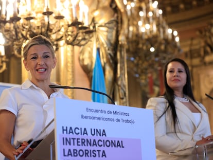 La vicepresidenta Yolanda Díaz, este lunes en la Casa de América de Madrid.