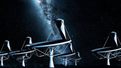 Ilustración del conjunto de antenas del radiotelescopio SKA sobre el fondo celeste con la Vía Láctea.