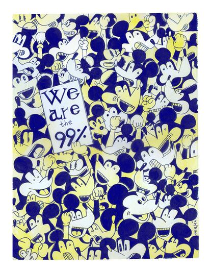 La tinta china y la acuarela sobre papel son los materiales con los que está pintado 'We the people', un lienzo dibujado por el artista soriano Roberto Maján en el que se reúnen decenas de clones de Mickey Mouse.