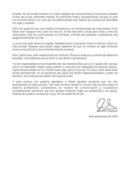 La carta abierta de Maribel Vilaplana publicada el 5 de septiembre de 2025.