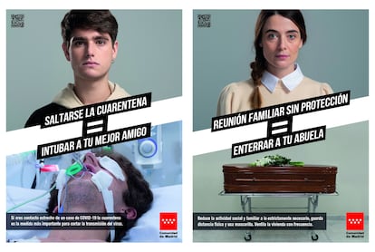 Dos de los carteles de la nueva campaña de concienciación de la Comunidad de Madrid.