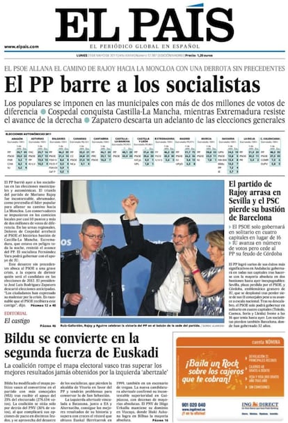 Portada del d&iacute;a despu&eacute;s de las elecciones europeas de mayo de 2011. El PP se impone al PSOE en uno de los peores momentos de la crisis econ&oacute;mica y pide la convocatoria de elecciones generales. Llegar&iacute;an seis meses despu&eacute;s.