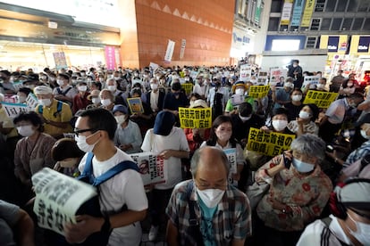 Una protesta convocada este lunes en Tokio contra el funeral de Estado del ex primer ministro de Japón, Shinzo Abe, que se celebra el martes.
