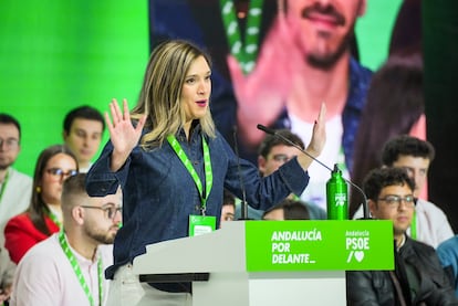 La nueva vicesecretaria general del PSOE-A, María Márquez, durante la inauguración del 15º congreso del PSOE de Andalucía. 
