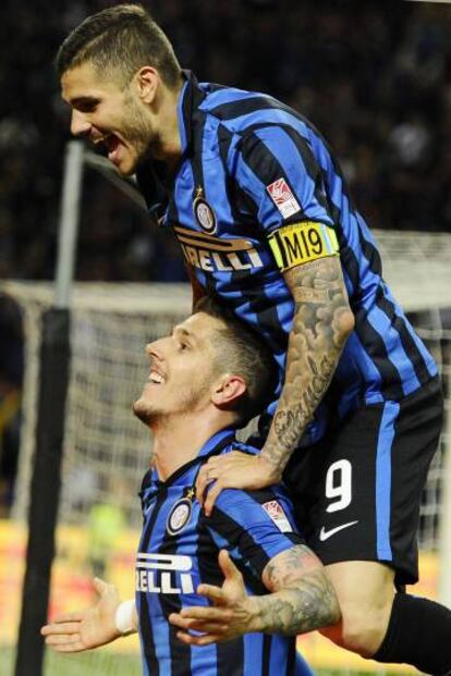 Los jugadores del Inter (el equipo del chef) Stevan Jovetic y Mauro Icardi, celebrando esta temporada un gol.