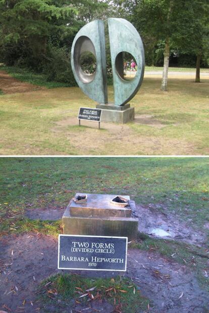 En la imagen superior, la escultura 'Two Forms (Divided circle)' de la artista británica Barbara Hepworth en un parque londinense. En la foto inferior, peana de la obra tras ser esta robada.