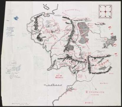 Mapa de la Tierra Media, anotado por Tolkien, reproducido en El señor de los anillos.