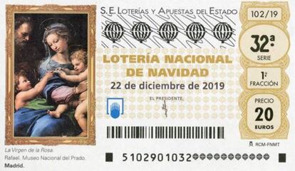 Prueba de imprenta del billete de Lotería de Navidad de este año, con el cuadro de 'La Virgen de la Rosa' de Rafael. |