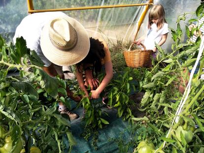 Dos niñas colaboran en el huerto, uno de los espacios que más aprendizaje ofrecen en los pueblos.