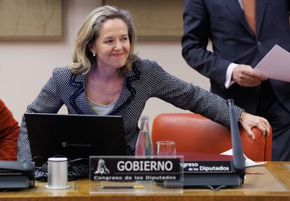 La vicepresidenta Nadia Calviño, en su comparecencia en el Congreso este jueves