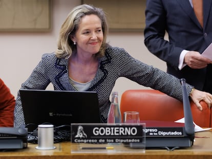 La vicepresidenta Nadia Calviño, en su comparecencia en el Congreso este jueves.