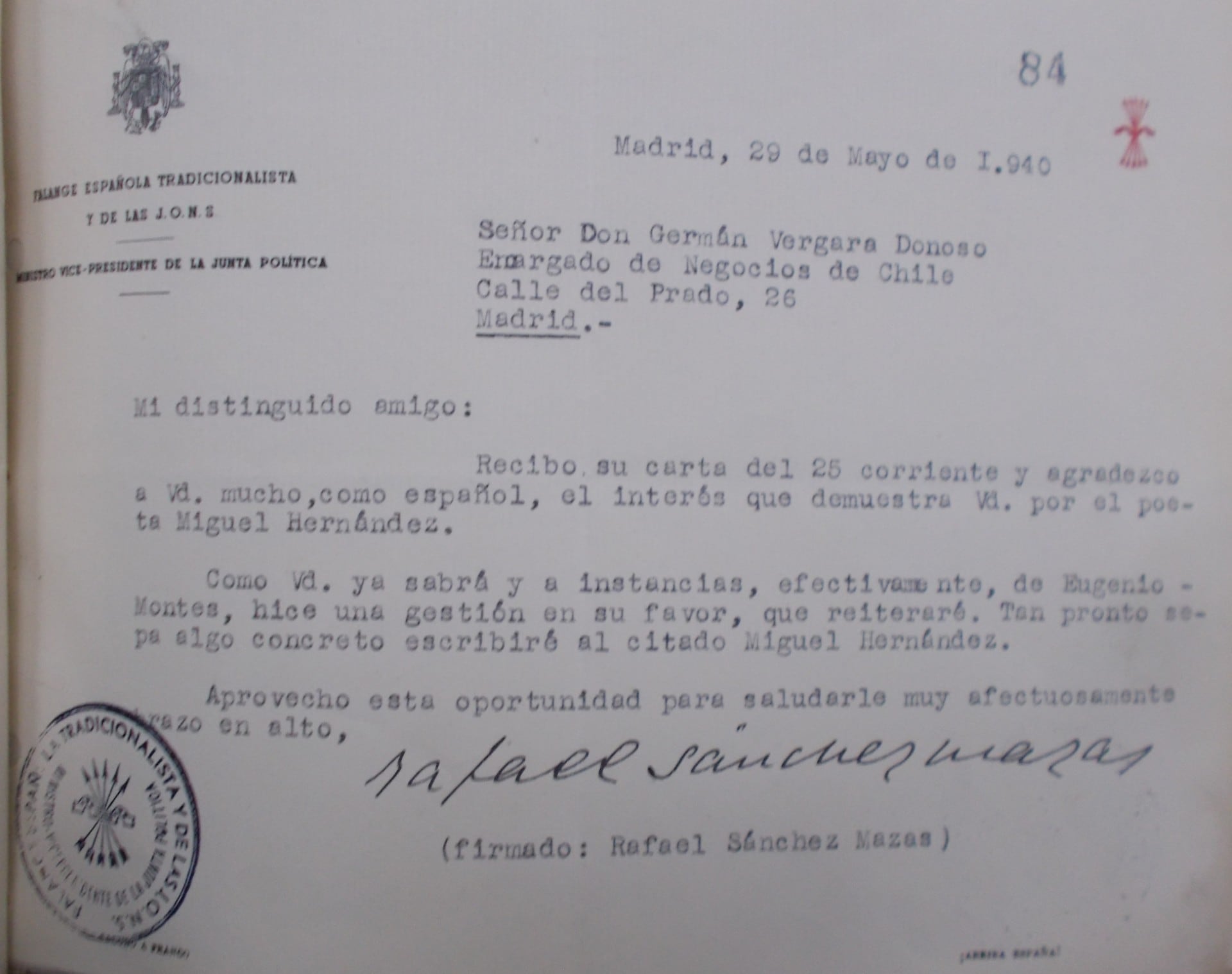 Carta de Rafael Sánchez Mazas a Germán Vergara Donoso del 29 de mayo de 1940 / Archivo Nacional de Chile. Imagen de  Mario Amorós.