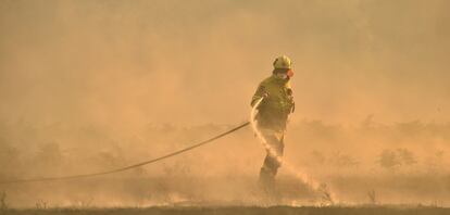 El cambio climático y de los ciclos meteorológicos han generado una sequía excepcional, una baja tasa de humedad y fuertes vientos, que contribuyen a generar incendios en la maleza. En la imagen, un bombero trata de extinguir el fuego en Hillville (Australia).