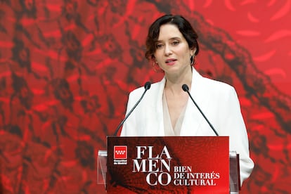 La presidenta de Madrid, Isabel Díaz Ayuso, en el acto de celebración del flamenco como Bien de Interés Cultural, este miércoles en la Real Casa de Correos.