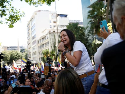 La líder opositora venezolana María Corina Machado, la semana pasada durante un acto público.