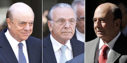 A combination of pictures shows (L-R) BBVA'S Francisco González, CaixaBank's Isidro Fainé and Santander's Emilio Botín leaving the High Court in Madrid.