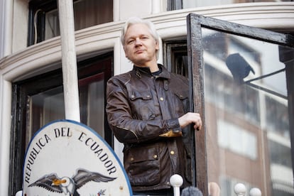 Julian Assange, on the balcony of the Ecuadorian embassy in London in 2017.  