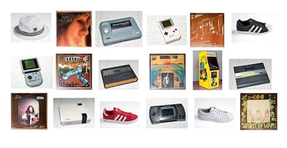 Conjunto de objetos retro: Zapatillas y sombrero de Adidas Originals, línea que recupera los modelos vintage de la marca; consolas como la Atari Lynx y la Game Boy original, que forman parte de la colección de Eduardo Álvarez; máquina de Pac-Man del recreativo Arcade Planet, y vinilos del coleccionista Andreti Colombo.
