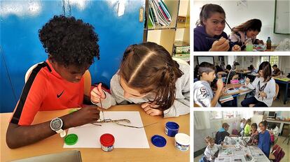 Alumnas y alumnos del Colegio público de Benagalbón trabajando la idea del cambio climático de la exposición ‘El Castillo y el Contenedor’ de Antonio Yesa