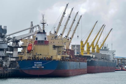 The Eaubonne bulk carrier ship docks in the port of Mombasa, Kenya Saturday, Nov. 26, 2022.