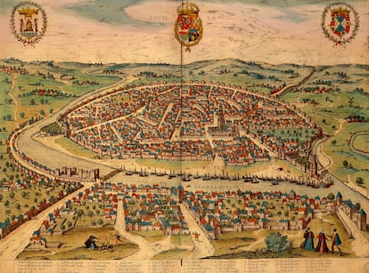 Sevilla en el siglo XVI, ilustración de Georg Braun y Franz Hogenberg publicada en 1588 en 'Civitates orbis terrarum IV'.