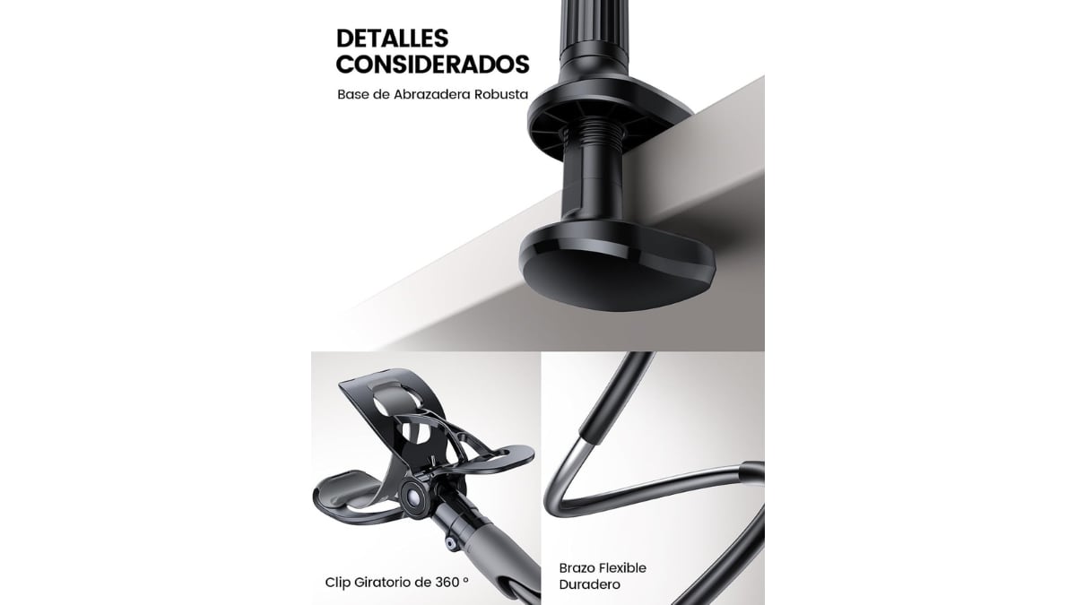 Su abrazadera con rosca manual se abre hasta los 6 cm para acoplarse con firmeza a cualquier superficie.