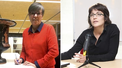 Desde la izquierda, Paloma Cabrera, junto a una cratera de cáliz apulia con la iniciación de Io, en una imagen del Departamento de Antigüedades Griegas y Romanas del MAN; y Araceli Corbo, en una imagen del MUSAC.