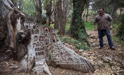 Manuel Ledesma, junto a una de sus creaciones, en el bosque del Monte Calvario de Málaga.