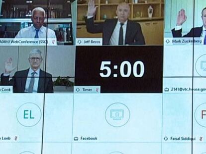 Comparecencia el miércoles en el Congreso de EE UU, en Washington, de los máximos ejecutivos de Amazon (Jeff Bezos), Facebook (Mark Zuckerberg), Google (Sundar Pichai) y Apple (Tim Cook).