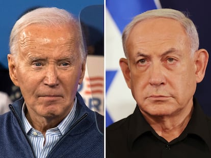 This combination photo shows President Joe Biden, left, on March 8, 2024, in Wallingford, Pa., and Israeli Prime Minister Benjamin Netanyahu in Tel Aviv, Israel, Oct. 28, 2023.