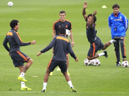 Pepe, Bale, y Marcelo, durante el entrenamiento.