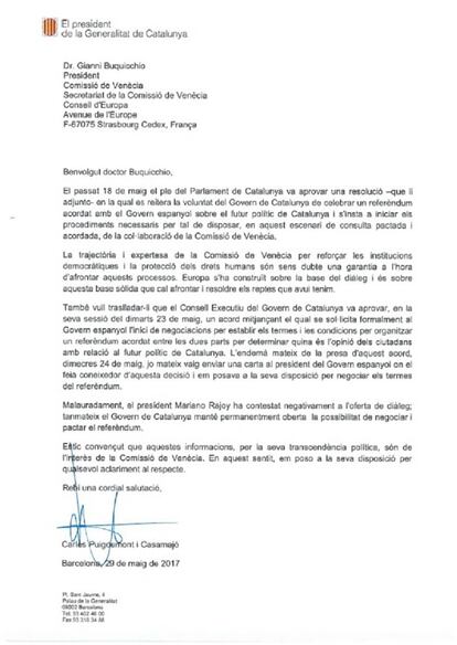 Carta de Puigdemont a la Comissió de Venècia.