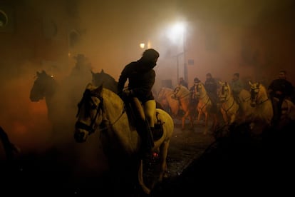 Jinetes junto a sus caballos momentos antes de comenzar el tradicional salto de hogueras en San Bartolomé de Pinares (Ávila).