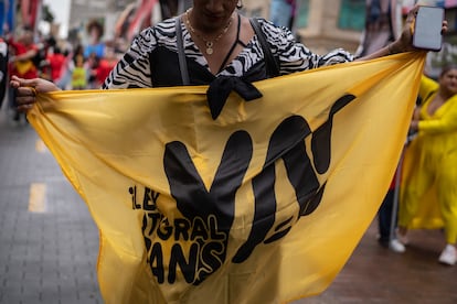 Una mujer trans sostiene la bandera del proyecto de Ley Integral trans.