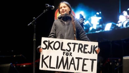 Greta Thunberg durante su intervención al término de la marcha del viernes.