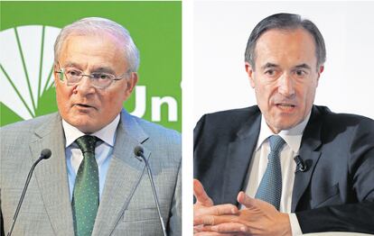 El presidente de Unicaja, Manuel Azuaga, y el consejero delegado del banco, Manuel Menéndez.