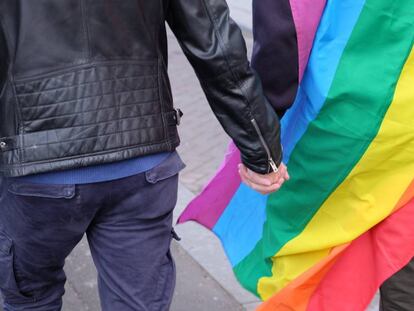 Una pareja se coge la mano con la bandera multicolor. 