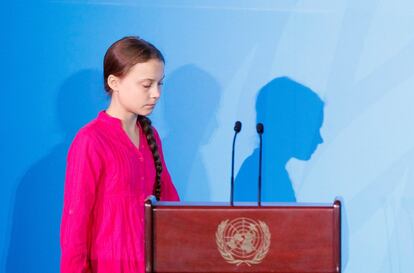 Greta Thunberg, la activista sueca de 16 años, durante la Cumbre de Acción Climática 2019 que se celebra antes del debate general en la Asamblea General de las Naciones Unidas. El debate, que se celebrará en la 74ª sesión de la Asamblea General de las Naciones Unidas, comienza el 24 de septiembre.