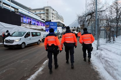 Police officers patrol the street, on the first day of the annual meeting in Davos, Switzerland, January 15, 2024. 