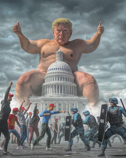 Con obras como 'Endgame', en la que Trump aparece a horcajadas del Capitolio, Beeple critica al sistema de una forma bastante asumible.