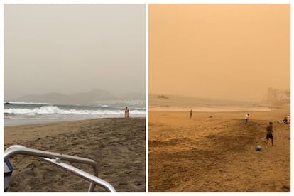 Images of the Las Canteras beach in Gran Canary taken two hours apart on Saturday.