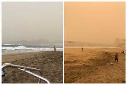 Fotos tomadas en la playa de Las Canteras (Las Palmas de Gran Canarias), el sábado 22 de febrero, con dos horas de diferencia.